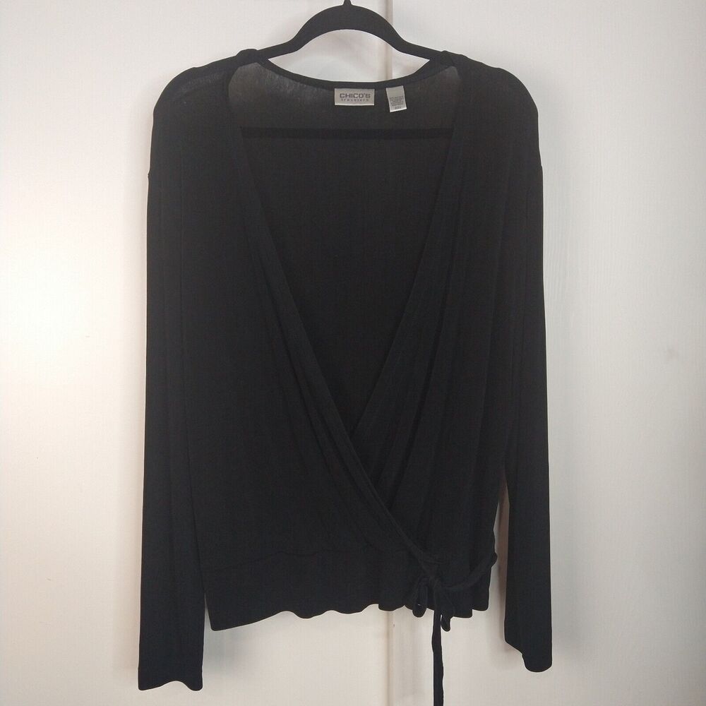 Chicos Travelers Slinky Long Sleeve Faux Wrap Blouse Top Womens Size 2/L Black